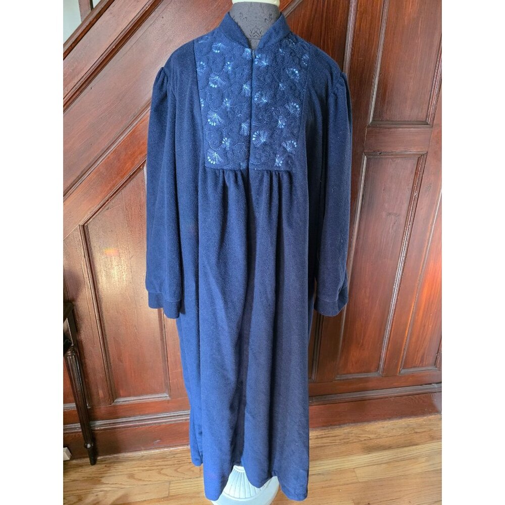 Vintage Heather Collection Navy Blue Embroidered Long Nightgown Robe 3X Made USA